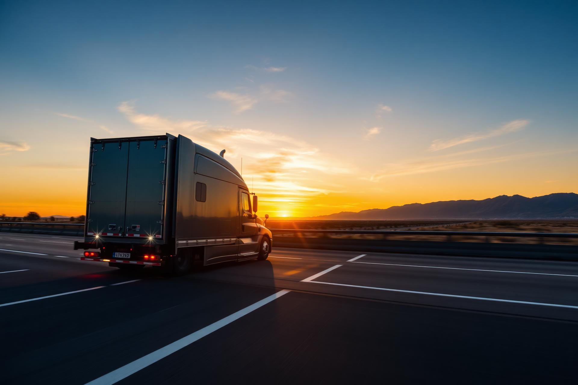 Semi-truck driving on highway at sunset